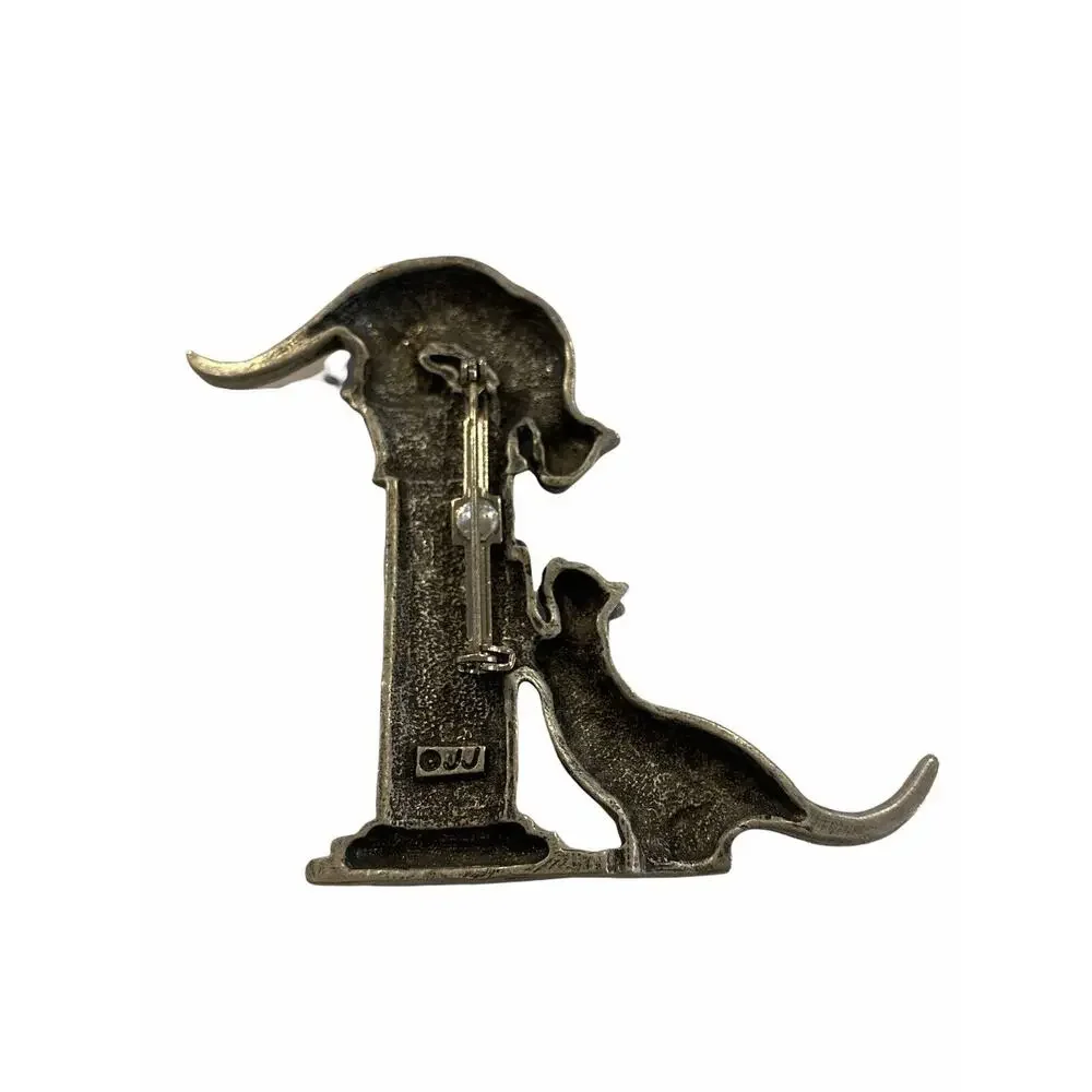 Vintage Signed JJ Lapel Pin Pewter Color Cats On Pedestal 2.5”